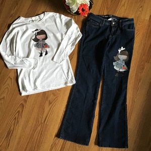 Women Sets Fashion L/S Printed T Shirt + Jeans